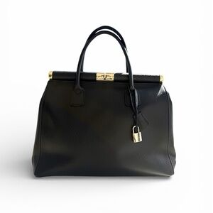 Handmade Italian Black Pebbled Leather Satchel Gold Hardware